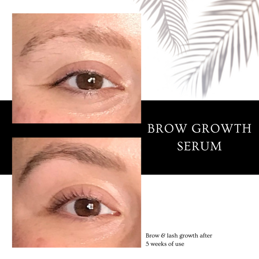 before and after of girl's lash and brow growth after 5 weeks of using brow growth serum