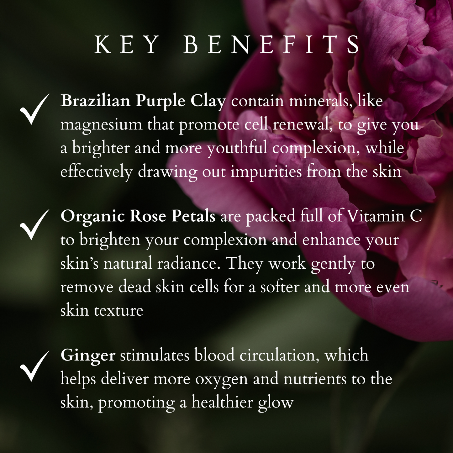 text of key benefits of rose petal & clay exfoliator