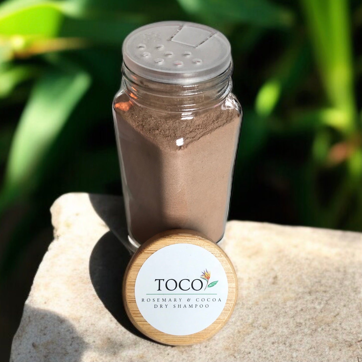 4 oz glass shaker jar with rosemary & cocoa dry shampoo