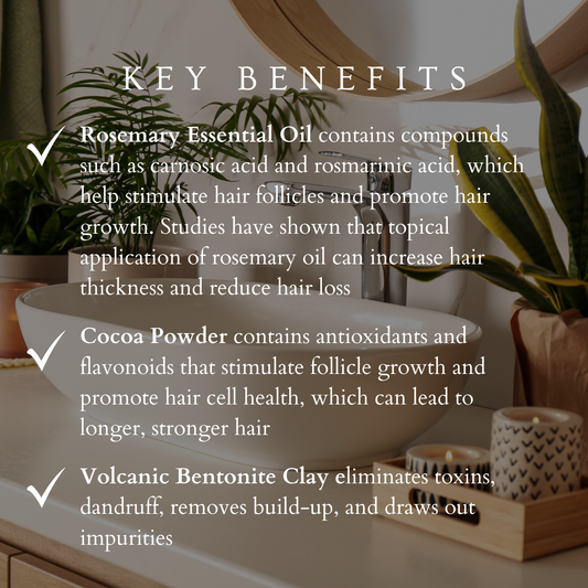 text explaining key benefits of rosemary & cocoa dry shampoo