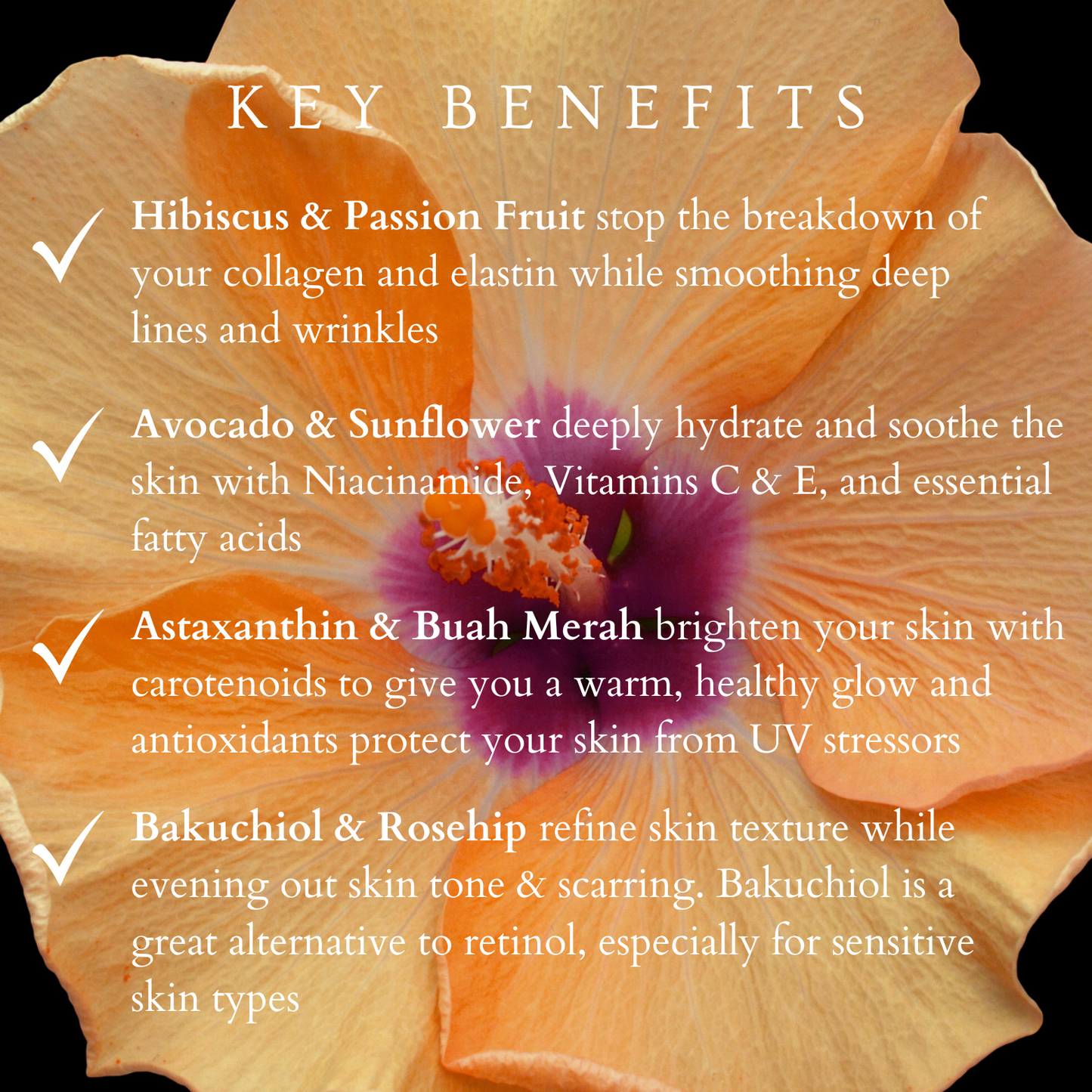 text picture with key benefits of the hibiscus glow balm