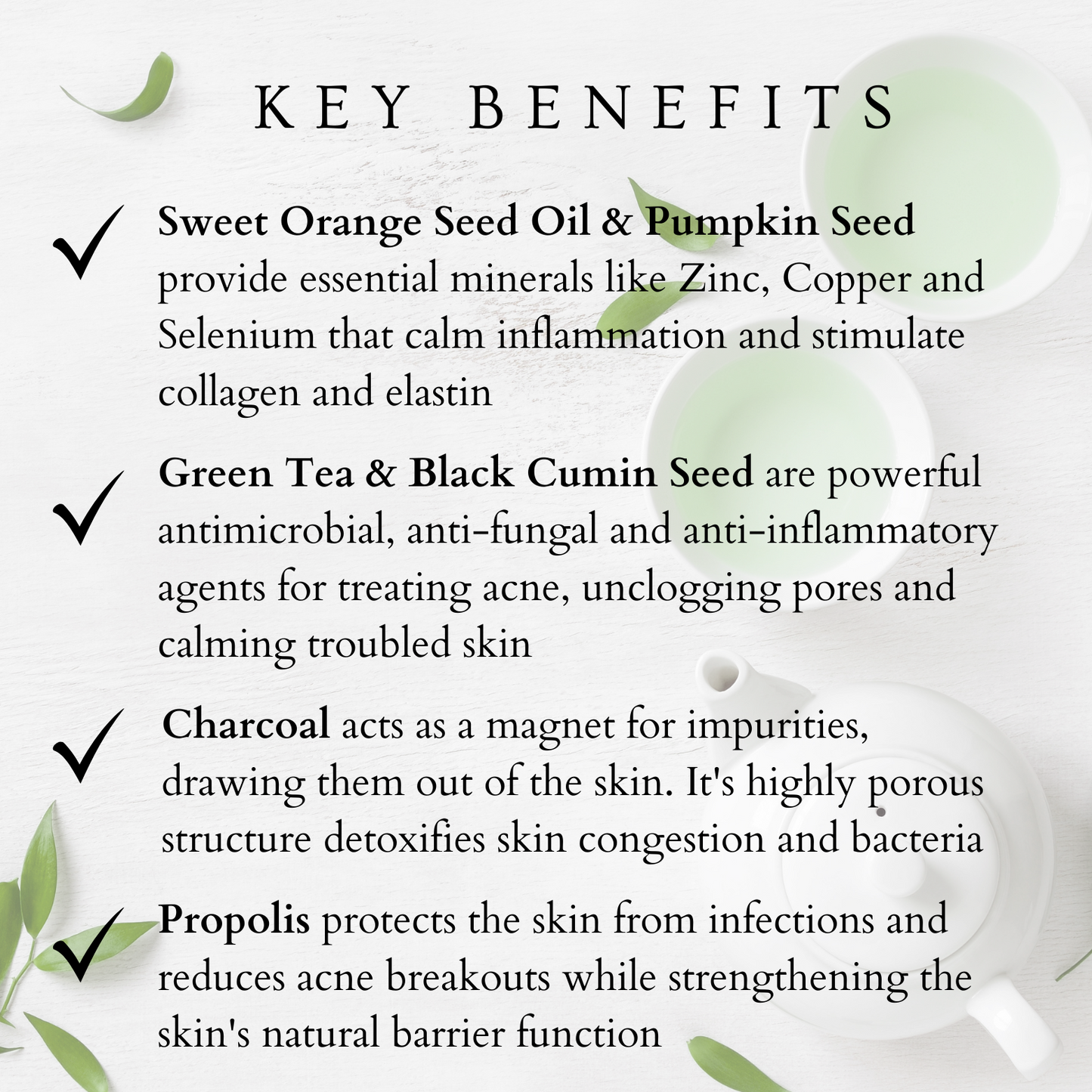 text of key benefits of Matcha Clear Skin Balm