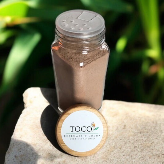 4 oz glass shaker jar with rosemary & cocoa dry shampoo