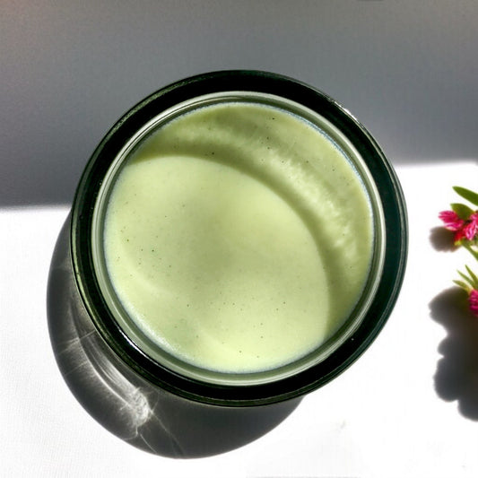 close-up of matcha clear skin balm