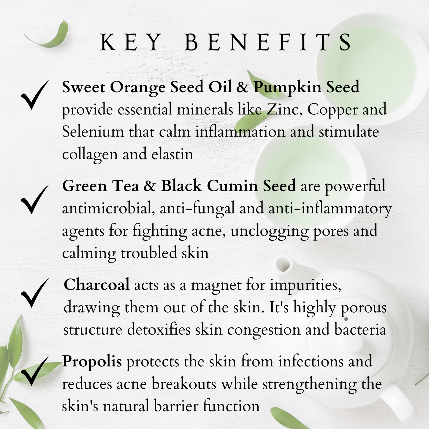 Text detailing key benefits of ingredients in the Matcha Clear Skin Balm with green tea and black cumin seed.