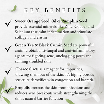 Text detailing key benefits of ingredients in the Matcha Clear Skin Balm with green tea and black cumin seed.