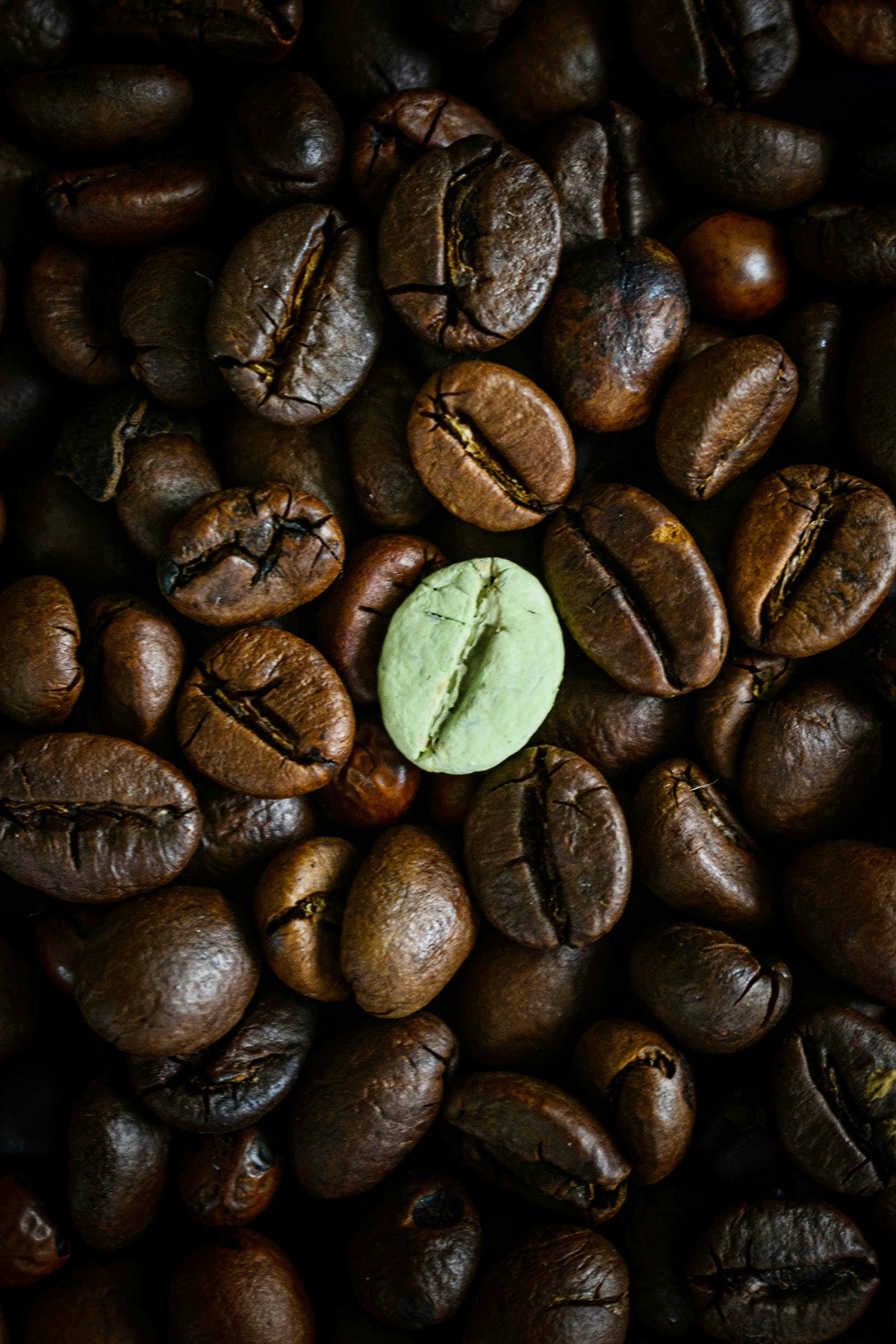 one green coffee bean in a pile of brown coffee beans
